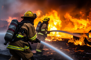 Firefighters team extinguishing fire with high-pressure water. Generative AI - obrazy, fototapety, plakaty