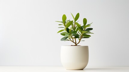 A ceramic flower pot with a fresh green plant, illustrating growth and decor, standing vibrantly on a white tableau.