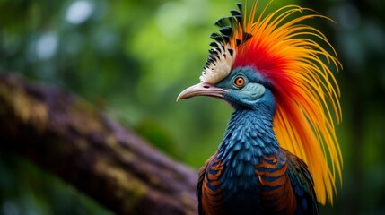 A magnificent crown bird, its vibrant plumage contrasting against a soft-focus jungle background.
