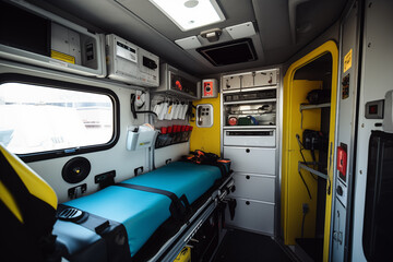 Ambulance car indoor with emergency medical devices. Generative AI