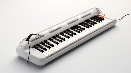 A melodica, its keys gleaming, paired with its mouthpiece, capturing a sense of playful music on a clear white canvas.