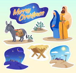 Set sticker nativity of holy family manger scene. merry christmas colorful design. Vector flat illustration