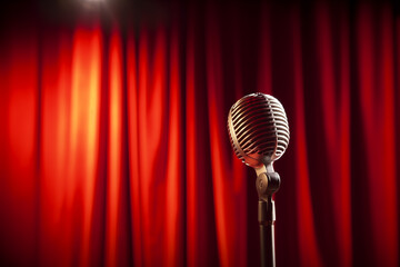 Closeup microphone against blurred red curtains. Generative AI