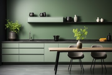 Kitchen-living room or studio kitchen in olive color, a popular kitchen color.