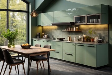 Design of a new kitchen room in olive color.