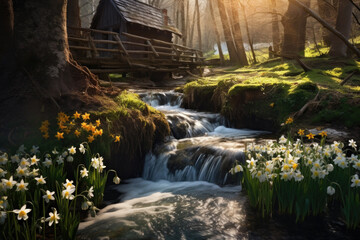 Spring forest nature landscape, beautiful daffodil spring flowers, stream, river rocks and old water mill in mountain forest
