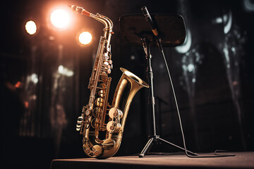 Saxophone wind musical instrument on stage with spotlight. Generative AI - obrazy, fototapety, plakaty