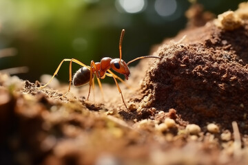 Closeup red ant building home form soil in nature. Generative AI
