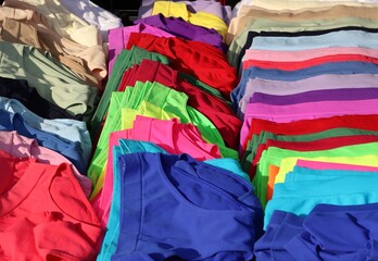 Panties with bright colors on the shelf of an underwear store. Full frame.