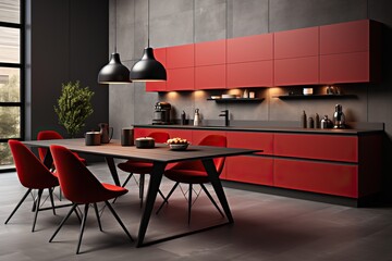 Classic and expensive kitchen in red and black and gray color, design idea for kitchen-living room.