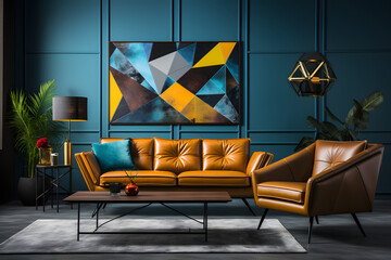 minimalist style home interior design of modern living room. orange leather sofa against dark paneling wall with colorful abstract art poster frame. ai generated