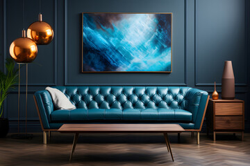 minimalist style home interior design of modern living room. blue leather sofa against dark paneling wall with colorful abstract art poster frame. ai generated