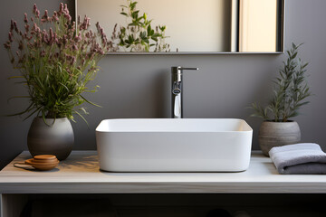 bathroom sink sitting on top of a wooden counter next to a shelf with towels and a vase of flowers. ai generated