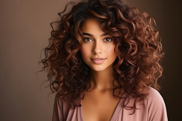 Beautiful young woman with long curly hair. Studio fashion portrait. ai generated