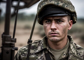 Obraz premium soldier looking at the camera, serious look, close-up, in military uniform. 