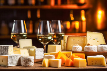 Assortment of natural cheeses on a wooden surface with glasses of white wine, suggesting a cheese tasting session in a cozy, ambient setting. Enjoyment of gourmet food and drink. Healthy food