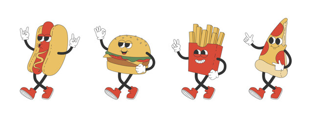 Obraz premium Groovy hot dog, burger, french fries and pizza. Cartoon characters in trendy retro style. Isolated vector illustration