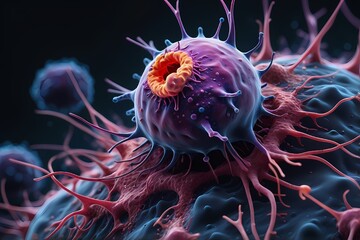 3D rendering of microscopic human and cancer cells on science day background