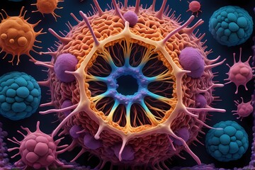 3D rendering of microscopic human and cancer cells on science day background