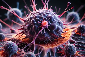 3D rendering of microscopic human and cancer cells on science day background
