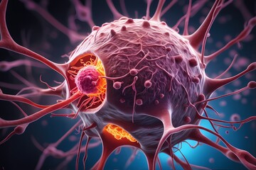 3D rendering of microscopic human and cancer cells on science day background