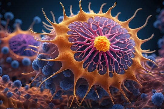 3D rendering of microscopic human and cancer cells on science day background