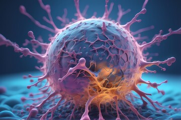 3D rendering of microscopic human and cancer cells on science day background