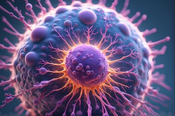 3D rendering of microscopic human and cancer cells on science day background