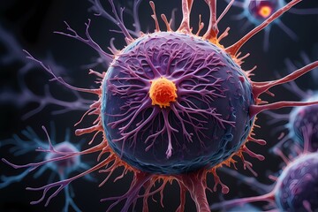 3D rendering of microscopic human and cancer cells on science day background
