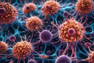3D rendering of microscopic human and cancer cells on science day background