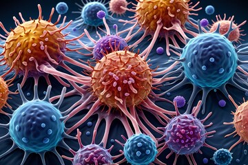 3D rendering of microscopic human and cancer cells on science day background