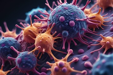 3D rendering of microscopic human and cancer cells on science day background