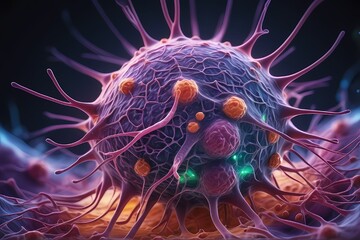 3D rendering of microscopic human and cancer cells on science day background