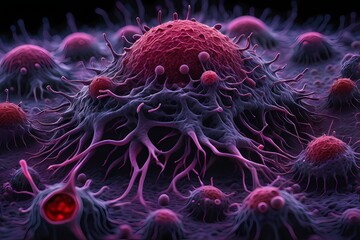 3D rendering of microscopic human and cancer cells on science day background