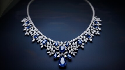 A necklace adorned with deep blue sapphires and diamonds, elegantly positioned on a stand, drawing focus against a clean white canvas.
