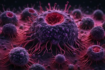 3D rendering of microscopic human and cancer cells on science day background