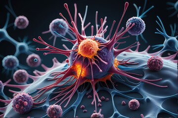 3D rendering of microscopic human and cancer cells on science day background