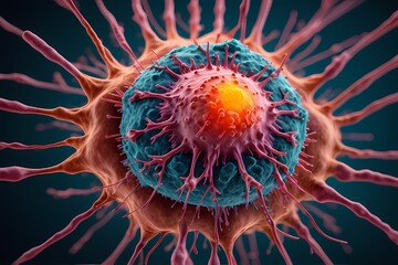 3D rendering of microscopic human and cancer cells on science day background