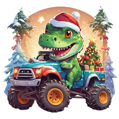 christmas graphics green  dinosaur in santa hat driving an off-road car