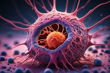 3D rendering of microscopic human and cancer cells on science day background 