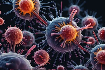 3D rendering of microscopic human and cancer cells on science day background 