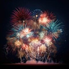 Beautiful colorful fireworks on a dark background. New Year celebrations. Generative AI.