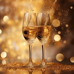 Champagne glasses ready for New Year's celebrations. Balloons and confetti in the background. Generative AI.