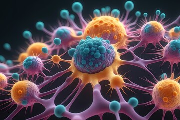 3D rendering of microscopic human and cancer cells on science day background  - obrazy, fototapety, plakaty
