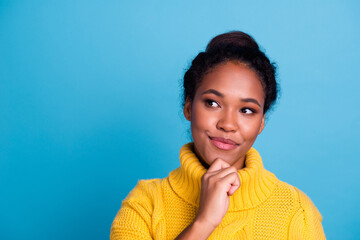 Photo of adorable positive lady look empty space hands cheeks wear white shirt isolated blue color background