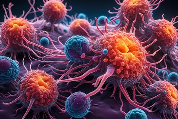 3D rendering of microscopic human and cancer cells on science day background 
