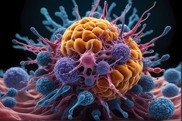 Obraz premium 3D rendering of microscopic human and cancer cells on science day background 