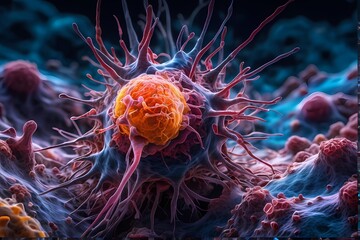 Obraz premium 3D rendering of microscopic human and cancer cells on science day background 