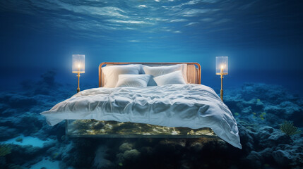 3D images of an empty queen bed inside the shallow ocean. Surrounded by aquatic animals.
