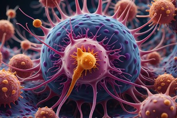 3D rendering of microscopic human and cancer cells on science day background 
